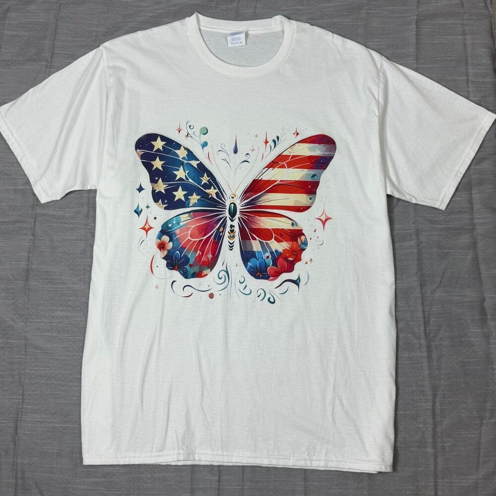 Women’s XL Patriotic Butterfly American Flag Graphic Tee – White – 100% Cotton